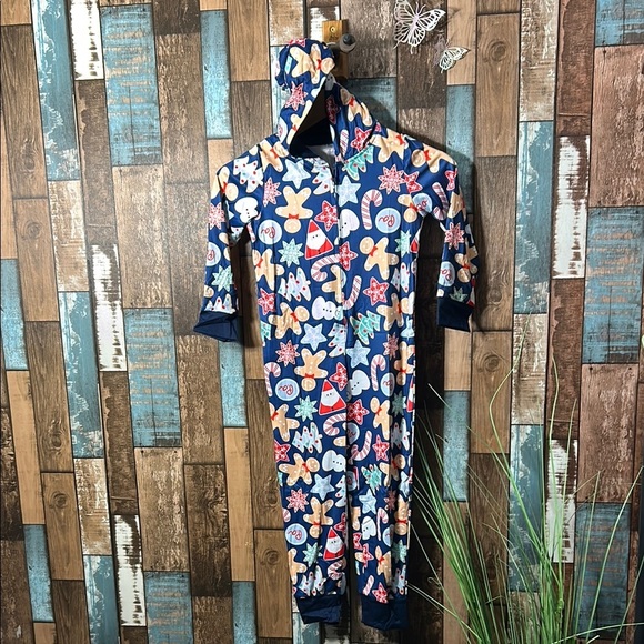 Kids 11/12 Christmas Themed zip front hooded Pajamas - Navy - Picture 1 of 14